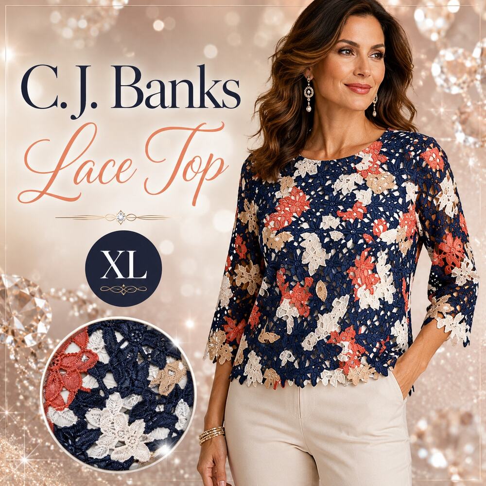 C.J. Banks Floral Lace Top Navy Coral Beige Lined 3/4 Sleeve Plus Size